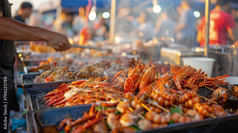 An outdoor seafood festival with stalls offering a variety of grilled ...