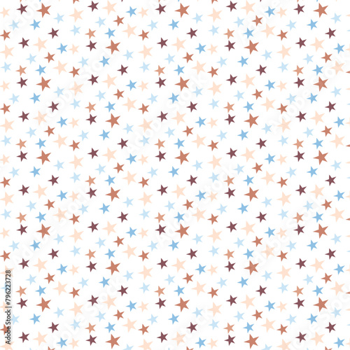 Seamless pattern of small stars in pastel brown and blue, on a white background. It is a flat vector illustration with simple shapes in the cute, kid's style. 