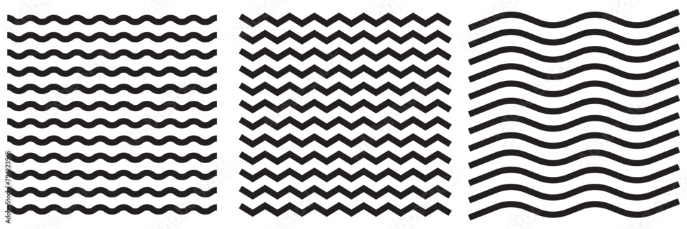 Wave line and wavy zigzag pattern lines. Vector black underlines, smooth end squiggly horizontal curvy squiggles