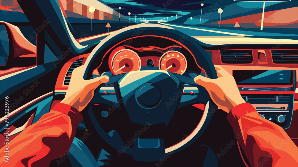 Man hands of a driver on steering wheel of a car. Vector