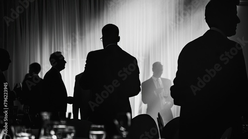 A shadowy figure gathering intelligence at a diplomatic event. Silhouette, many people, secret agent, secret organization. The concept of secret agents and spies in their tracks. Generative by AI photo