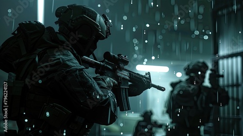 Stealth mission compromised with operatives on high alert. Special operation, operatives, rain, weapons, special equipment, military, mercenaries. The concept of modern warfare. Generative by AI photo