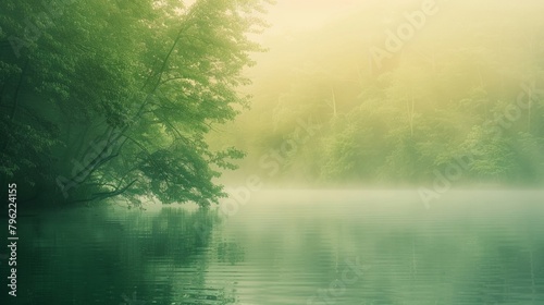Soft and hazy hues of green and yellow merging together portraying a serene and tranquil summer dusk surrounded by natures stunning beauty. .