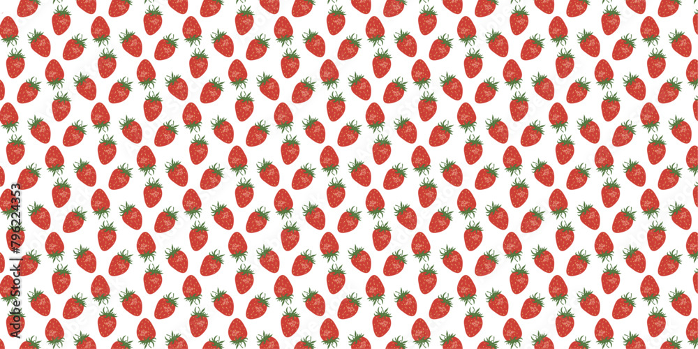Seamless pattern with red strawberries, with each strawberry detailed in vibrant shades of red and green on an isolated white background. It is hand-drawn illustrations. Seamless pattern with red strawberries, with each strawberry detailed in vibrant shades of red and green on an isolated white background. It is hand-drawn illustrations.
