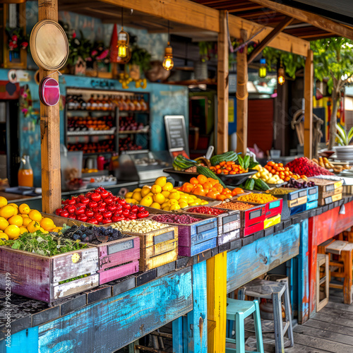 Fruit and vegetable stand with variety of fruits and vegetables on it.