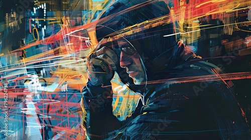 Undercover operative intercepting encrypted communications. Government hacker, cracker at work, data flows, special agent, cybersecurity, specialist. Matrix and cyber space concept. Generative by AI photo