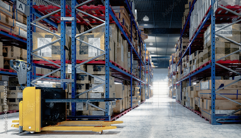 Large warehouse with forklift & rows of shelves with boxes - 3D Visualization Large warehouse with forklift & rows of shelves with boxes - 3D Visualization