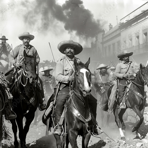 Group of men riding on the backs of horses next to each other. photo