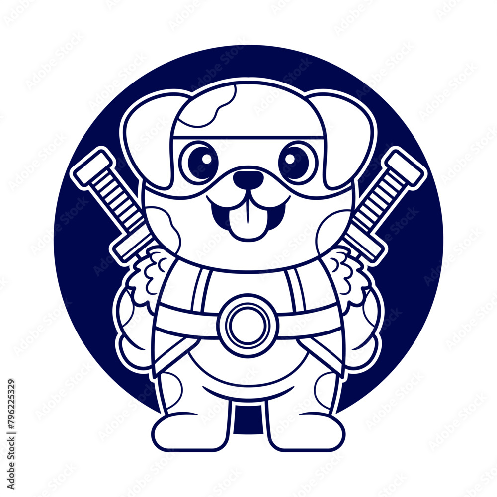 Adorable Dog with Medieval Warrior Costume holding Double Sword. Outline Art