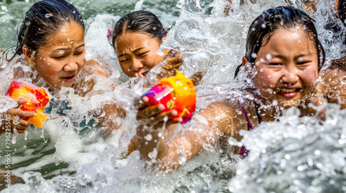 Group of girls playing in the water with frisbee in their hands.