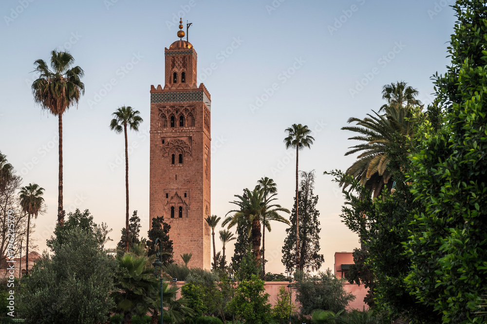 The symbol of Marrakesh Morocco, mosque located near the famous square Jemma El Fna, Koutoubia, large 12th-century Almohad-style mosque