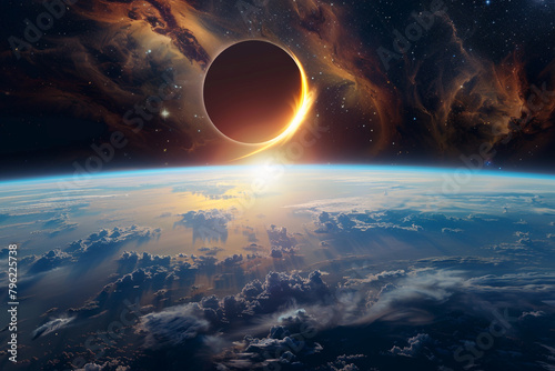 view of Earth from space during a solar eclipse, creating a dramatic and awe-inspiring image Ideal for astronomical event coverage or science educational materials 