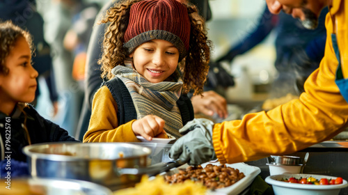 Little girl wearing scarf and beanie smiles as she prepares food.