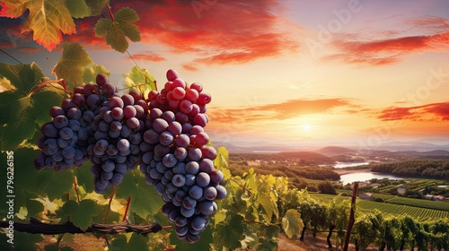 Ripe grapes hung on vineyards of grape trees. In the morning vineyard. Generative AI