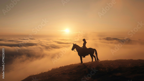 Kobieta na koniu ogl  da zach  d s  o  ca ponad chmurami