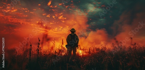 Firefighter stands in front of a raging wildfire
