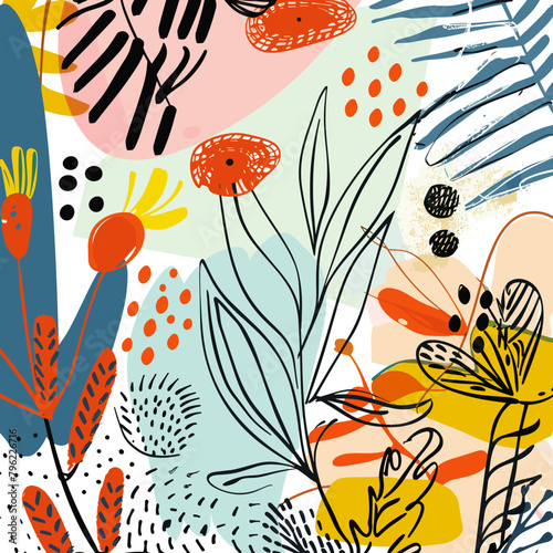 flowers, leaves and doodle elements. Hand drawn vector illustration.