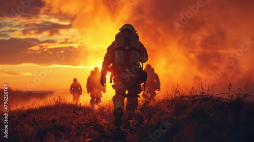 Firefighters walking towards a wildfire © Rattanathip