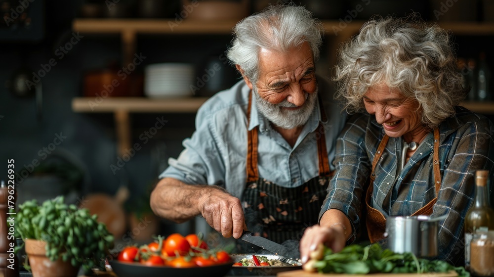 Elderly couple sharing a moment of joy while cooking together in their kitchen, AI Generative Elderly couple sharing a moment of joy while cooking together in their kitchen, AI Generative