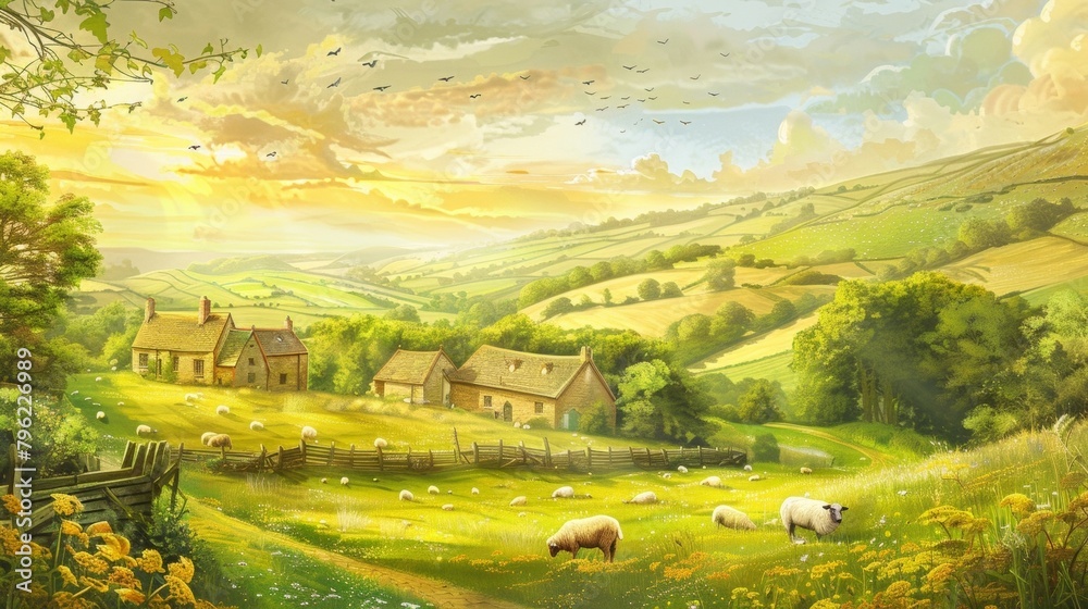 Blank mockup of a building mural displaying a peaceful and idyllic countryside village with rolling hills and grazing sheep. .