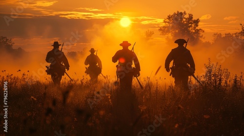 Four soldiers walking through a field of tall grass at sunset photo