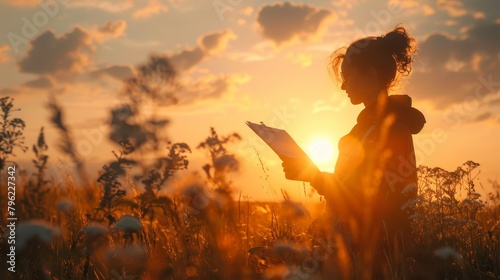 girl standing in a field of tall grass watching the sunset