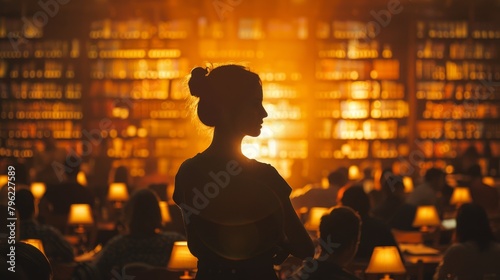 girl standing with back to camera in front of many glowing bookshelves photo