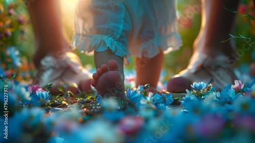 Happy family moment with parents holding their infant's feet, love and care radiating, gentle light illuminating the scene, AI Generative photo