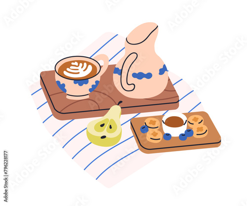 Breakfast with coffee, capuccino cup, fruit snacks. Morning food served on wooden board, tray. Cozy aesthetic meal setting with cappuccino. Flat vector illustration isolated on white background
