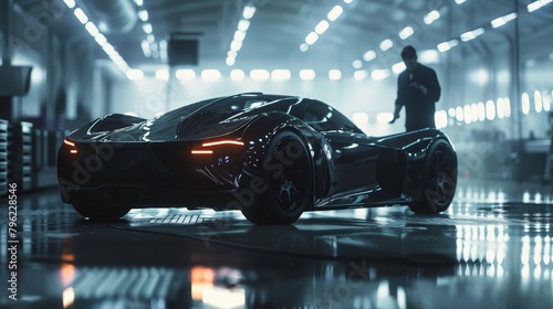 matte black futuristic sports car in a dimly lit garage