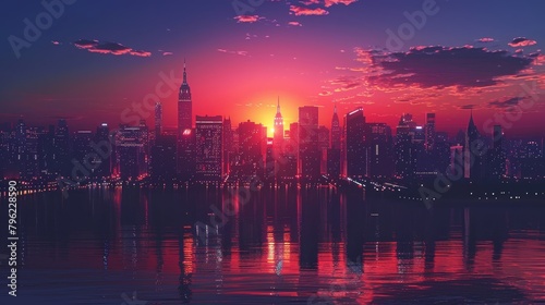 New York City skyline at sunset, with a red and purple sky and a pink reflection on the water.