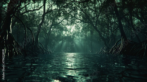 Fototapeta Naklejka Na Ścianę i Meble -  Mystical dark mangrove forest swamp with water