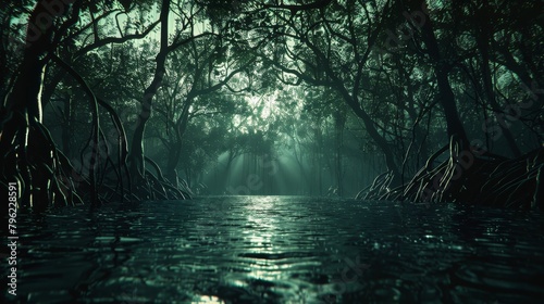Mystical dark mangrove forest swamp with water photo