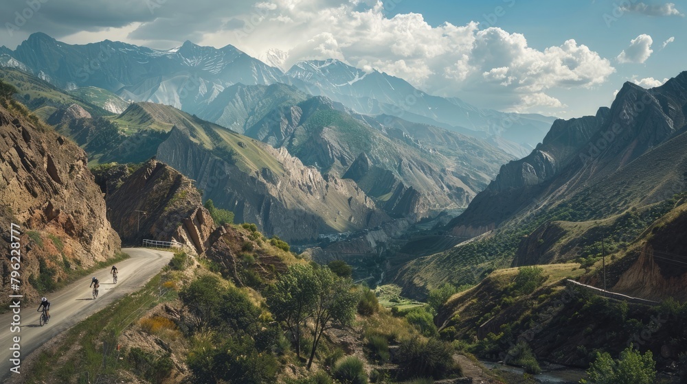 A panoramic view of a scenic mountain pass, with cyclists tackling the challenging terrain on World Bicycle Day.