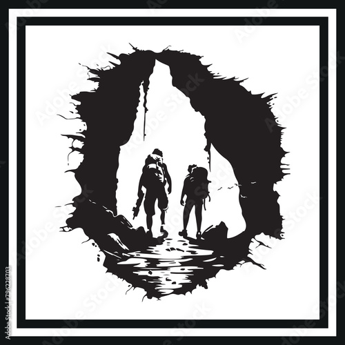 Cave exploration adventure silhouette clipart on white background