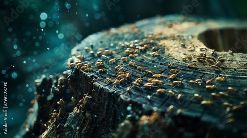 Close-up of a colony of termites infesting a decaying tree stump, illustrating the cycle of decomposition photo