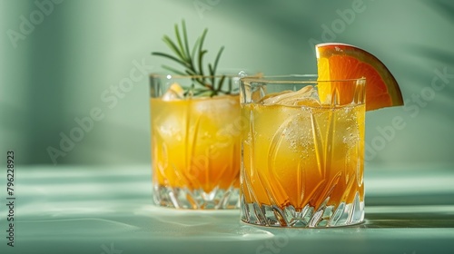 Sun-kissed peach drink in clear cups against pastel green backdrop photo