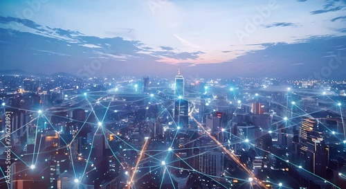 Global Network and Data Exchange Over Cityscape, Tech Integration,Technology Background