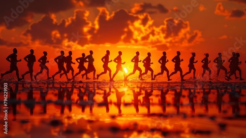 People running on a beach at sunset.