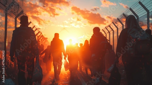 People walking towards a fence at sunset.