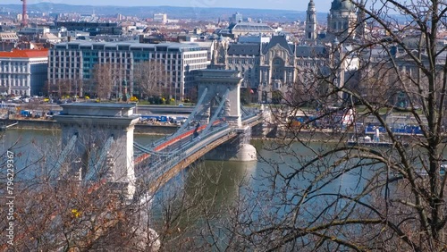 Secheni bridge landmark. A nice sunny Budapest landmark with Danube river with Secheni bridge and buildings on the bank in the sun light. photo