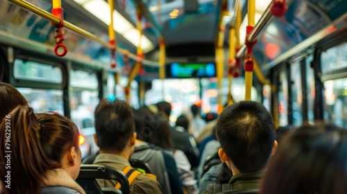 Close-up of a crowded bus interior with passengers standing shoulder-to-shoulder, a common sight in urban traffic photo