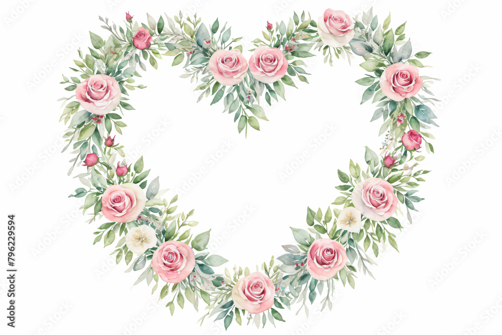 Floral watercolor heart wreaths and frames. Watercolor Roses and Wildflowers, Pink rose flower wreath laurel. Decoration for wedding invitations, Valentine's Day, Mother's day card.

