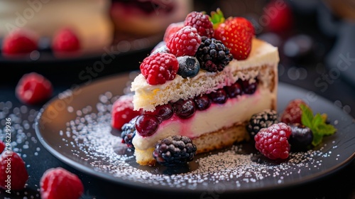 Close-up of a delicious slice of cake adorned with fresh berries, perfect for indulging in sweet moments