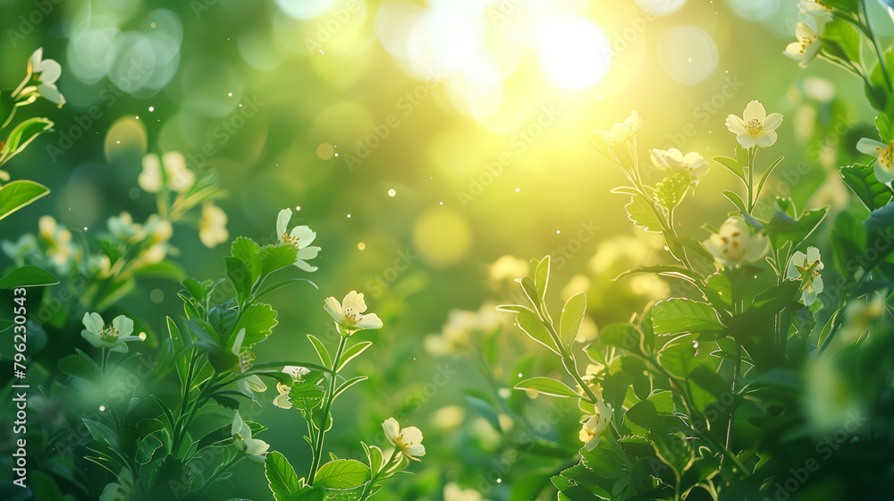 Sunlit blooming shrub with delicate white flowers. Sunlit blooming shrub with delicate white flowers.