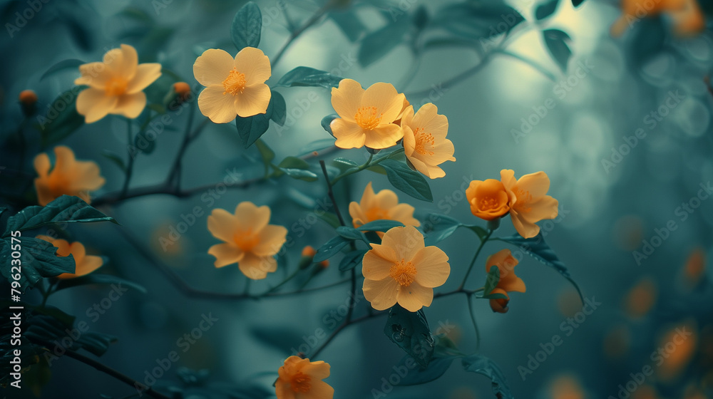 Yellow flowers in focus with a bokeh background.	