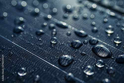 Water Droplets on Solar Panel Close-up of water droplets on a solar panel, emphasizing the panel's texture and durability Perfect for showcasing weather-resistant features