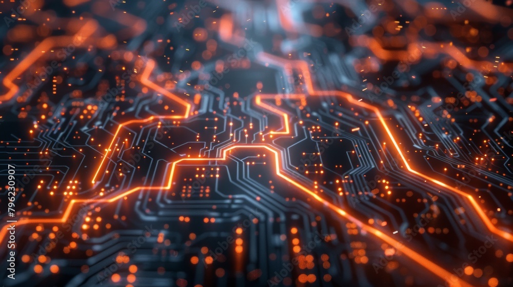 A network of interconnected lines and nodes forming a circuit board, symbolizing the intricate connections within computer systems.