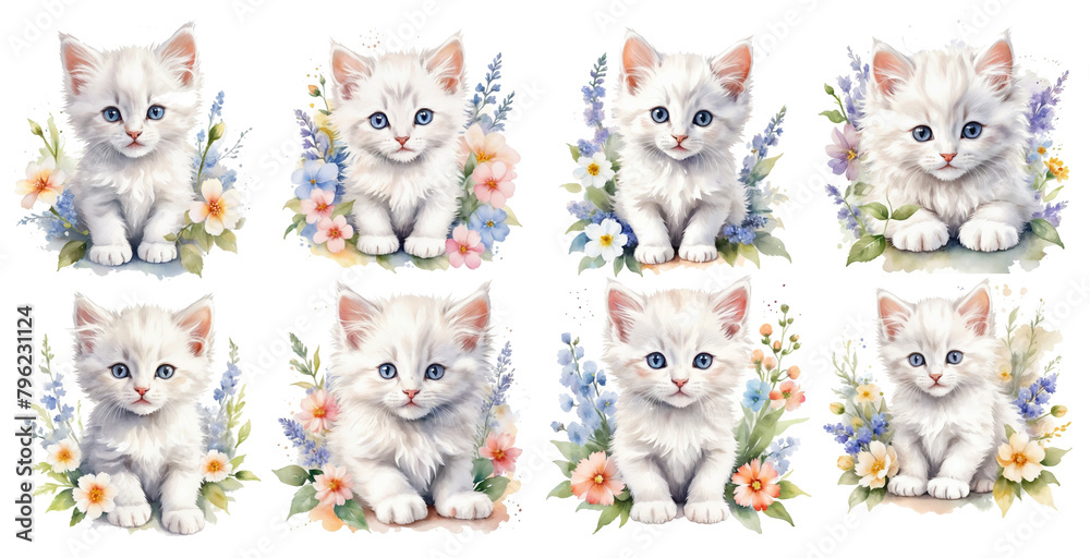 set of 8 cute kitten with flowers, watercolor, isolated on white background, clipart