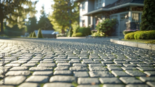 Street view of rustic style stone paving residences, in a modern residential suburban.